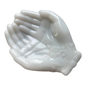 VTG 70’s AVON Open Hands White Milk Glass Soap Dish Jewelry, Candy, Trinket